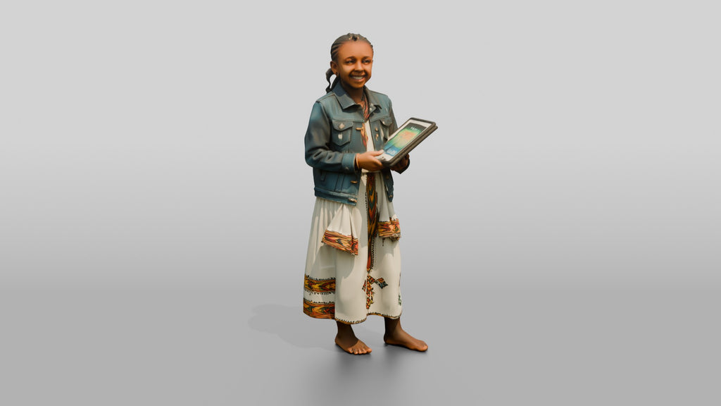 African Girl in a Denim Jacket Holding a Digital Tablet