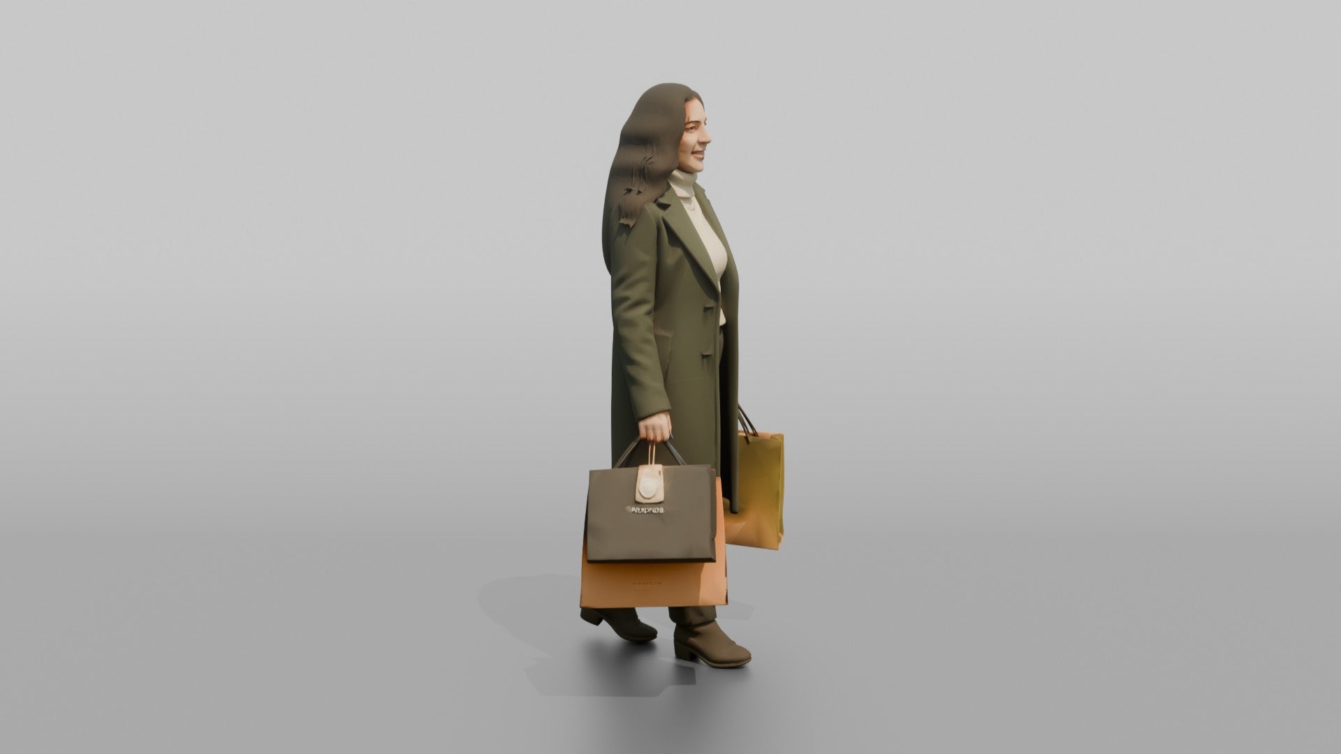 Woman in Green Wool Coat with Shopping Bags