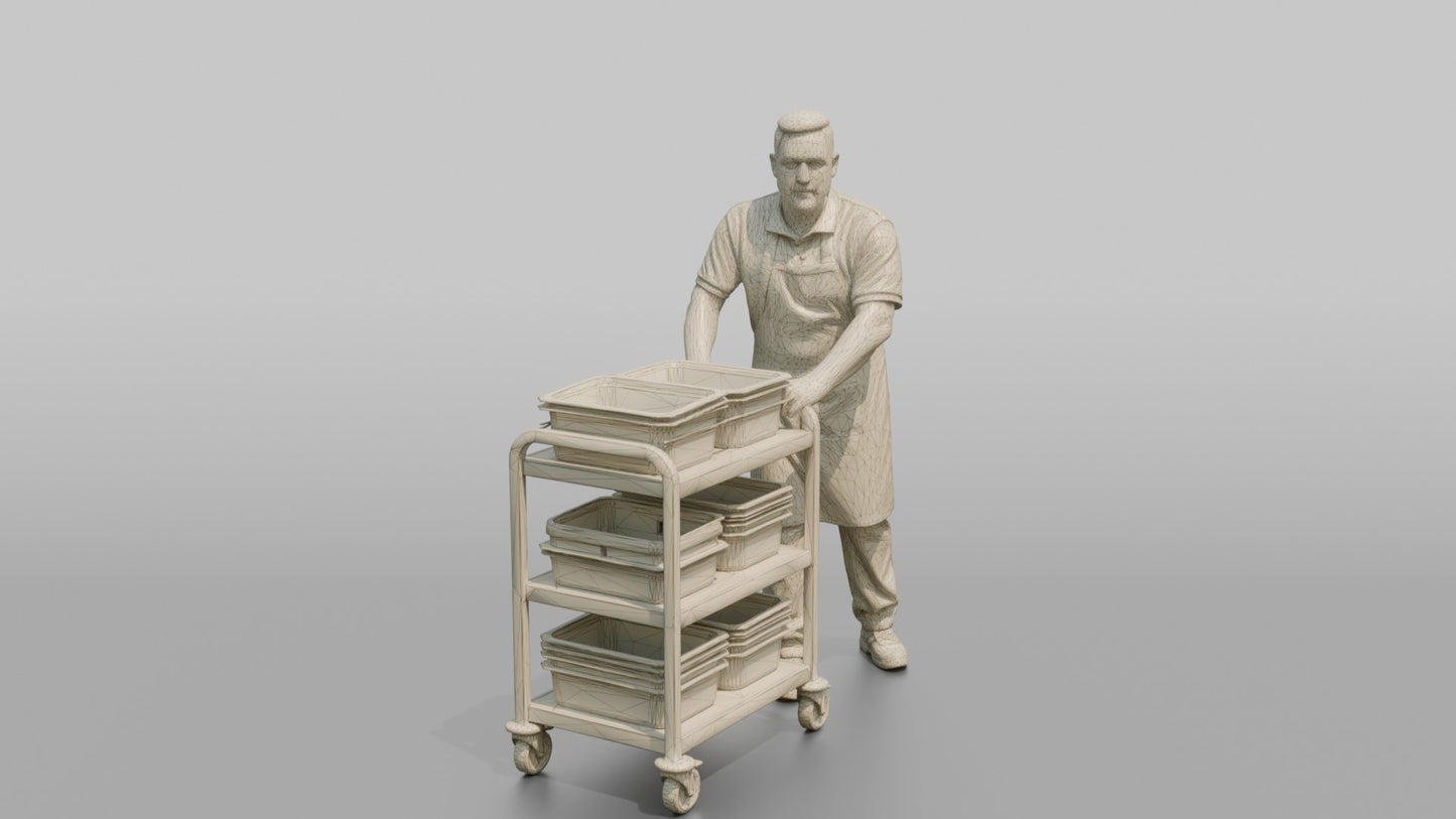 Mess Attendant Pushing a Food Trolley