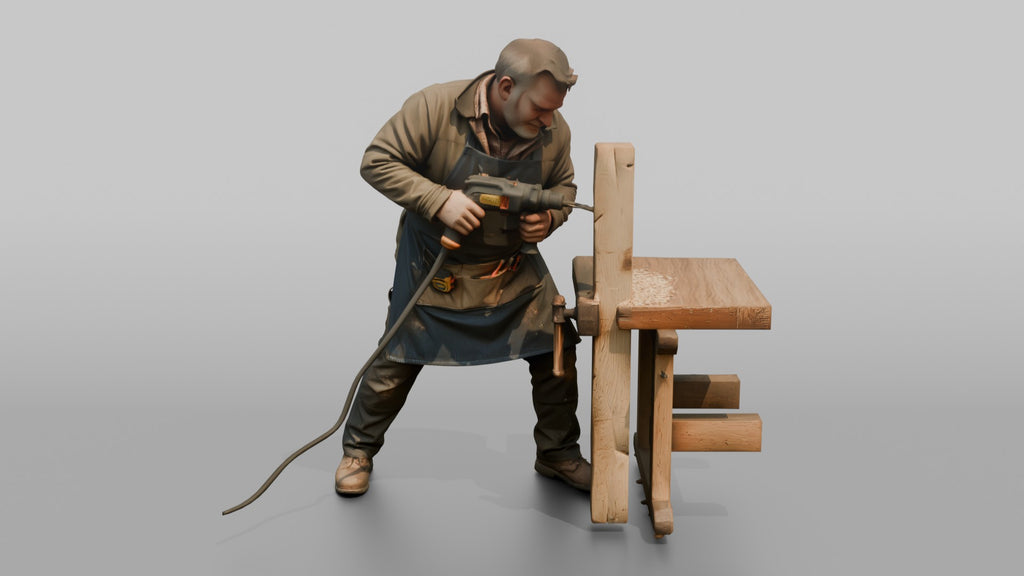 Farmer Drilling Hole Into Fence Timber Post