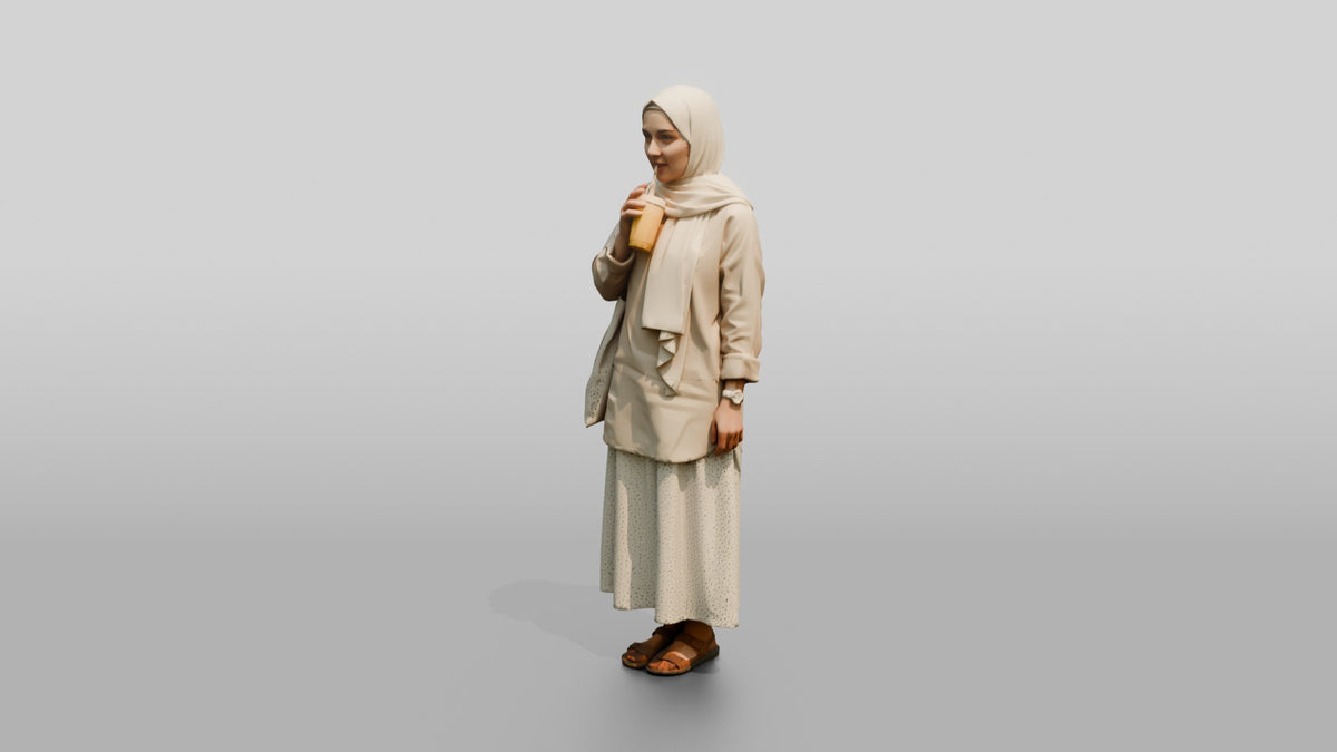 Young Iraqi Woman in Hijab Drinking a Smoothie - 3D character model, view 4
