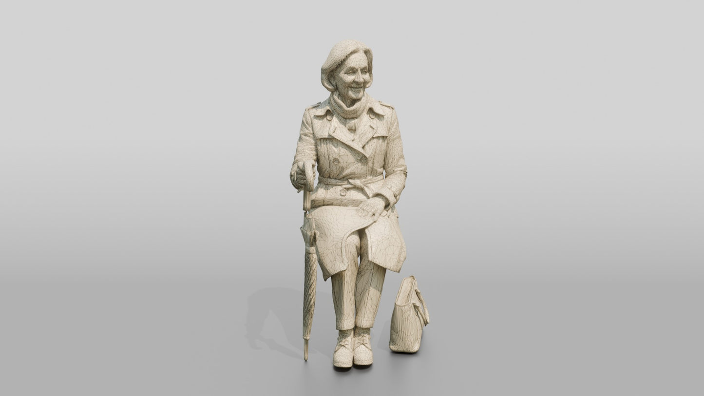 Elderly White Woman in Beige Raincoat on Bench
