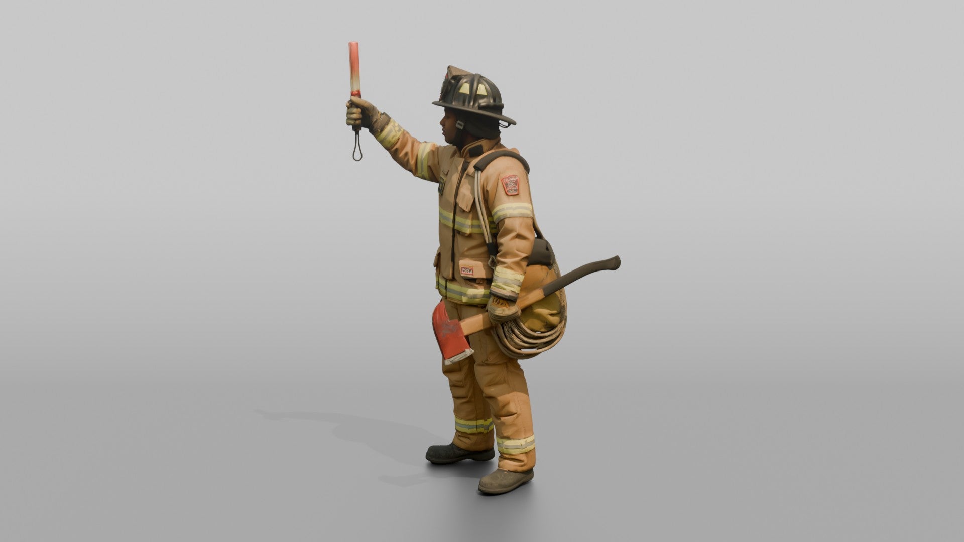 Firefighter Man Signaling Down the Line with a Illuminated Baton