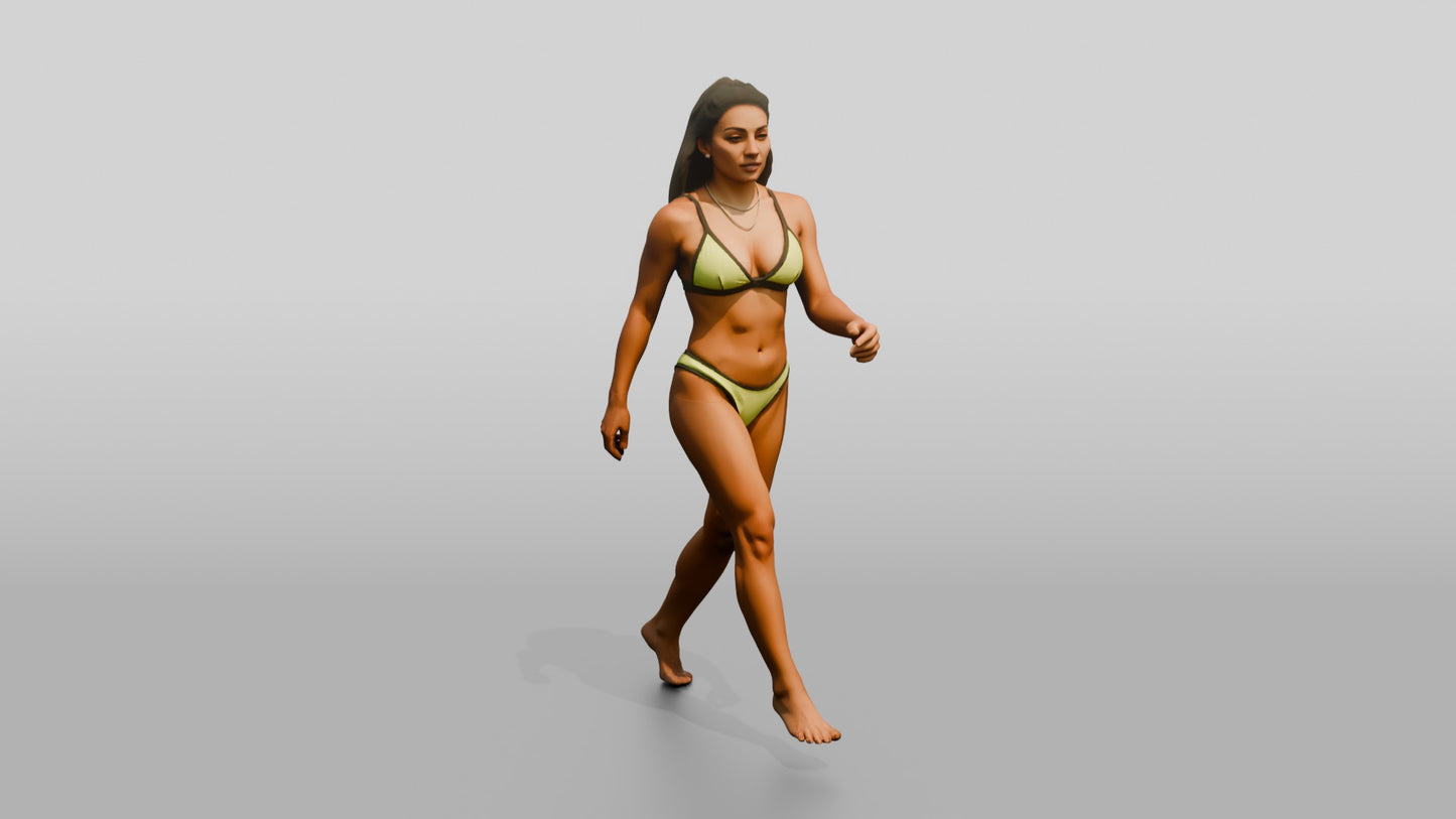 Latina Woman in Neon Yellow Bikini Beach Stride