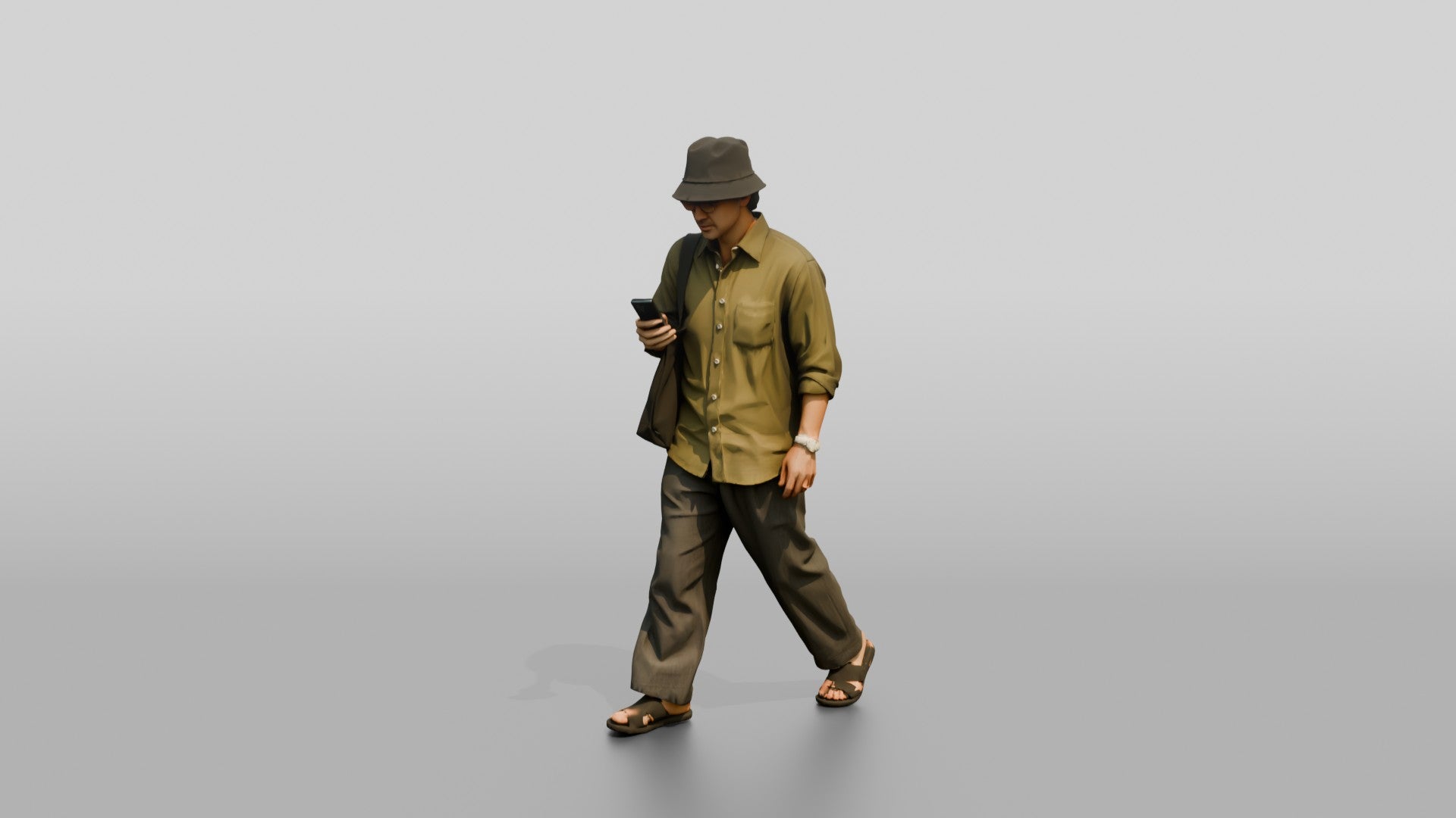 Man Checking Phone in Linen Shirt