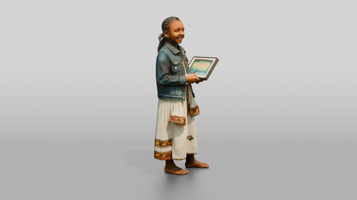 African Girl in a Denim Jacket Holding a Digital Tablet - 3D character model, view 1