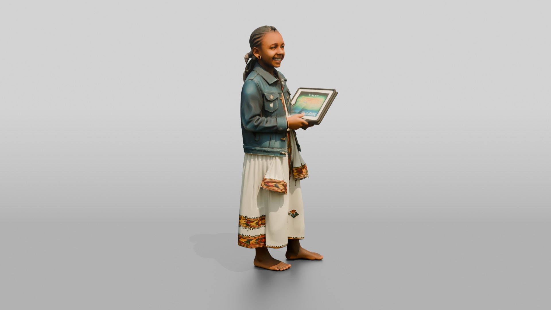 African Girl in a Denim Jacket Holding a Digital Tablet