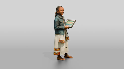 African Girl in a Denim Jacket Holding a Digital Tablet