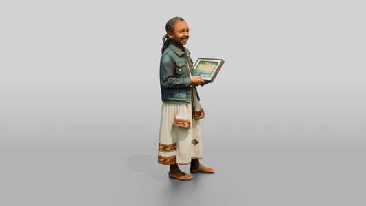 African Girl in a Denim Jacket Holding a Digital Tablet - 3D character model, view 1
