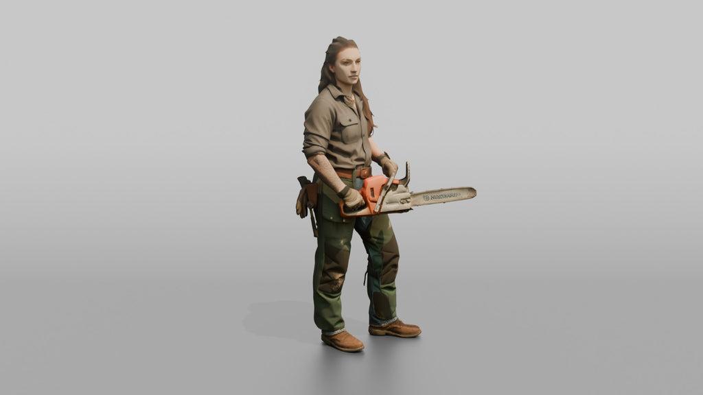 Farmer Holding Chainsaw Wearing Protective Chaps