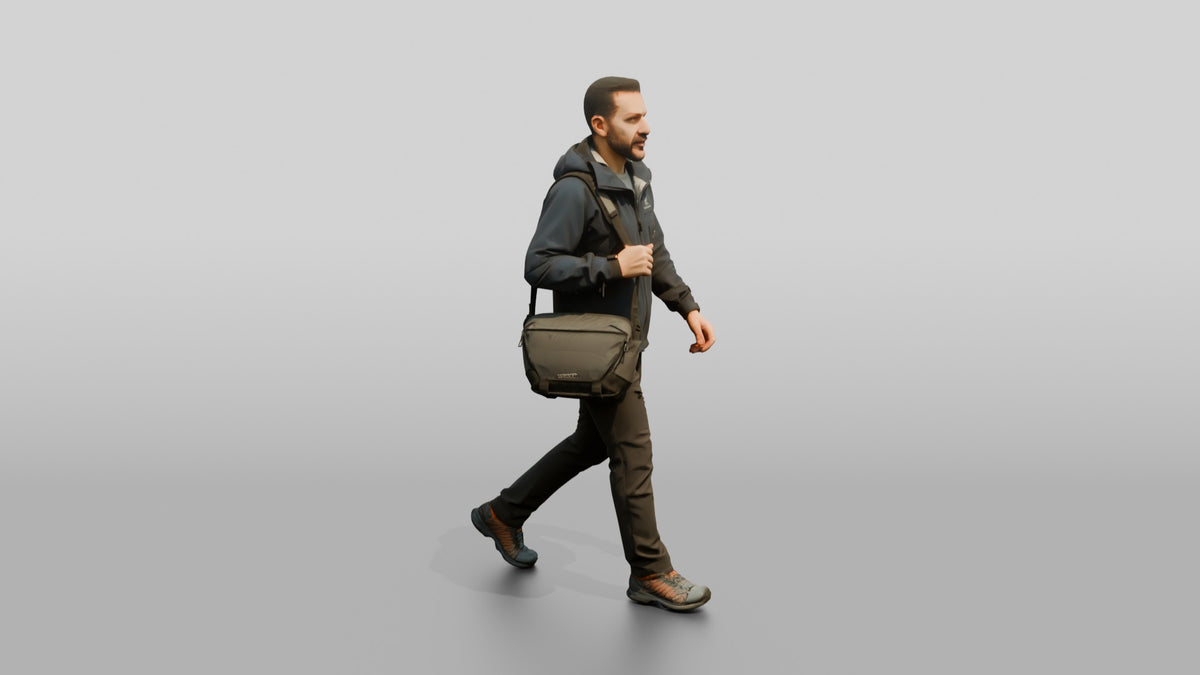 Middle Eastern Man Walking Briskly in Rain Jacket - 3D character model, view 2