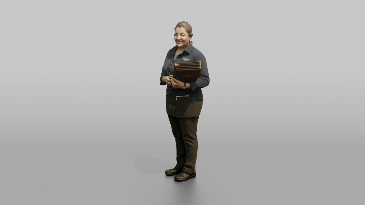 Host Woman Holding A Stack Of Menus And A Pen - 3D character model, view 4