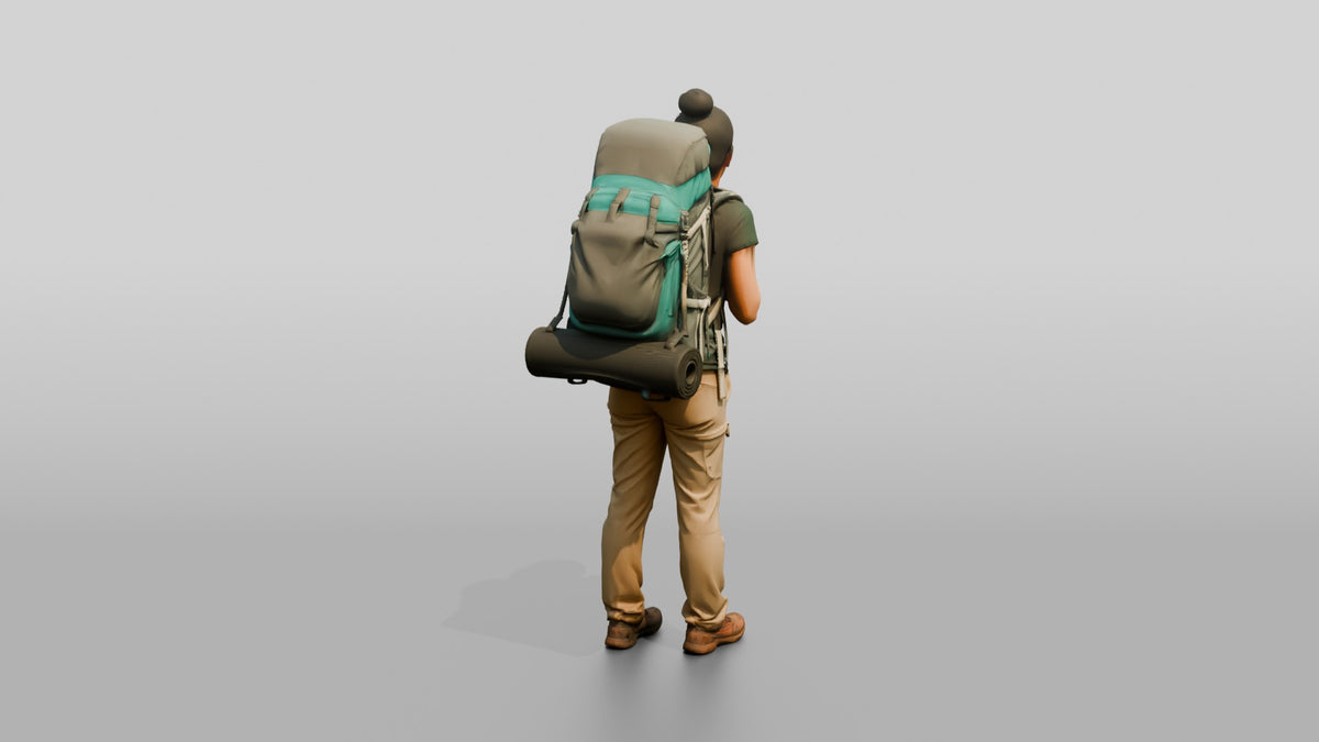 Young Woman Hiker with Large Teal Trekking Backpack Smiling - 3D character model, view 3