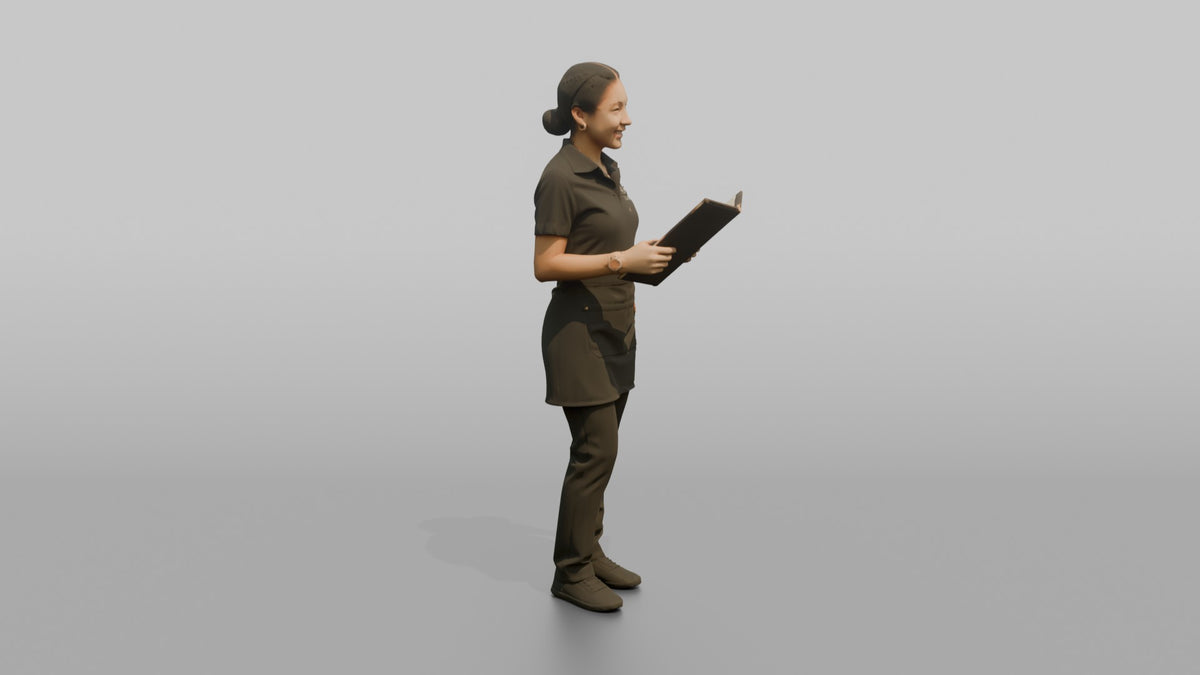 Bartender Woman Holding A Bar Menu Open - 3D character model, view 2