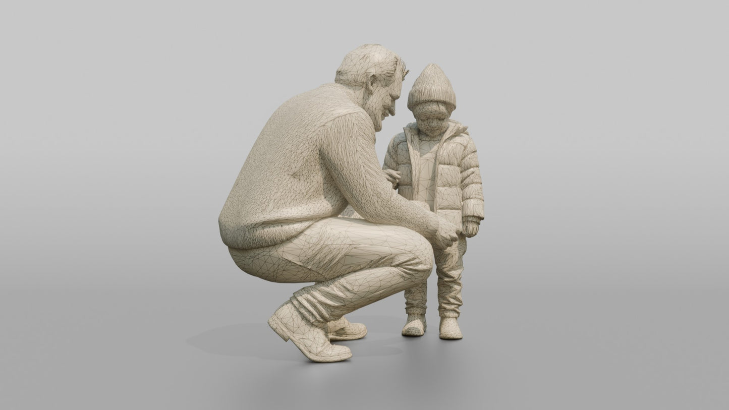 Dutch Man Crouching to Help a Child with a Coat