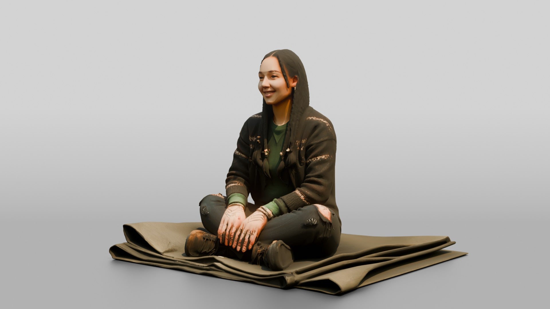 Homeless Woman Sitting on a Folded Tarp