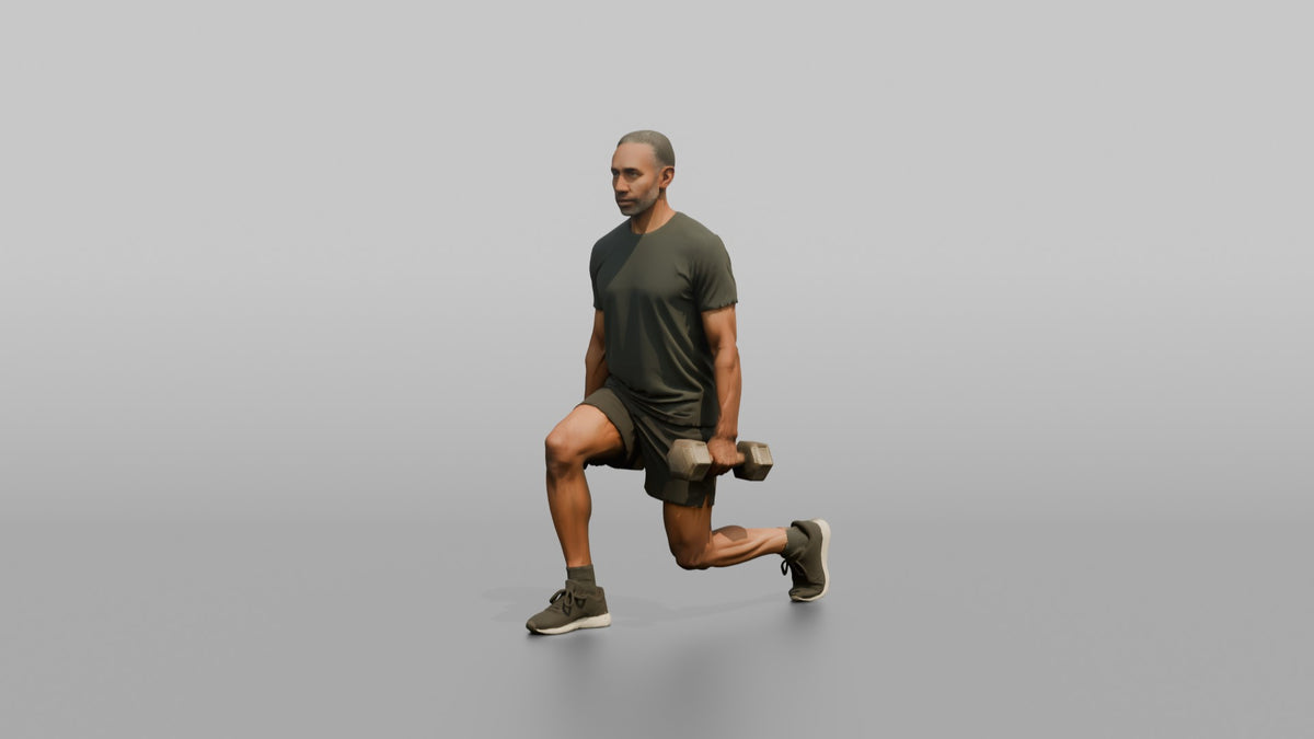 Weightlifter Man Holding Two Dumbbells At The Sides Mid-lunge - 3D character model, view 4