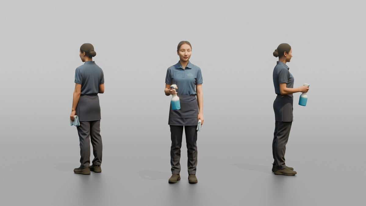 Housekeeping Staff Man Holding A Spray Bottle And Cloth - 3D character model, view 1