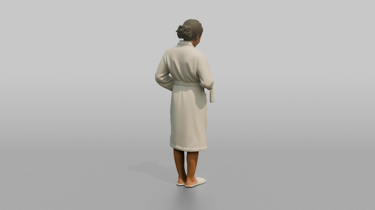 Spa Attendant Woman Adjusting A Robe Belt At The Waist - 3D character model, view 3
