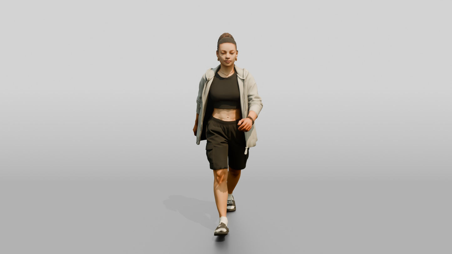 Multiracial Woman Walking the Boardwalk in Unzipped Hoodie