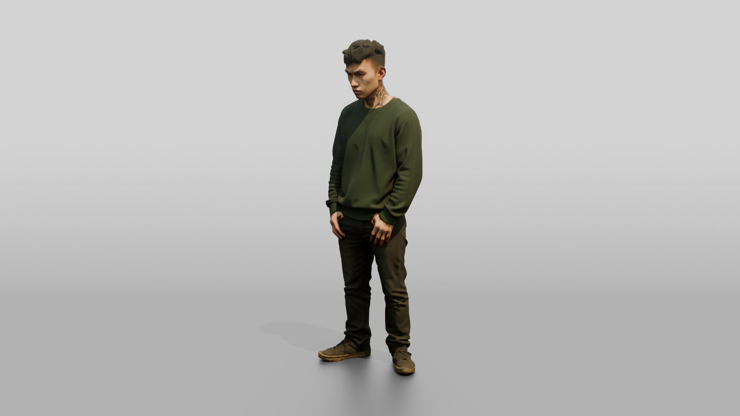 East Asian Male Prisoner in a Green Crewneck Sweatshirt