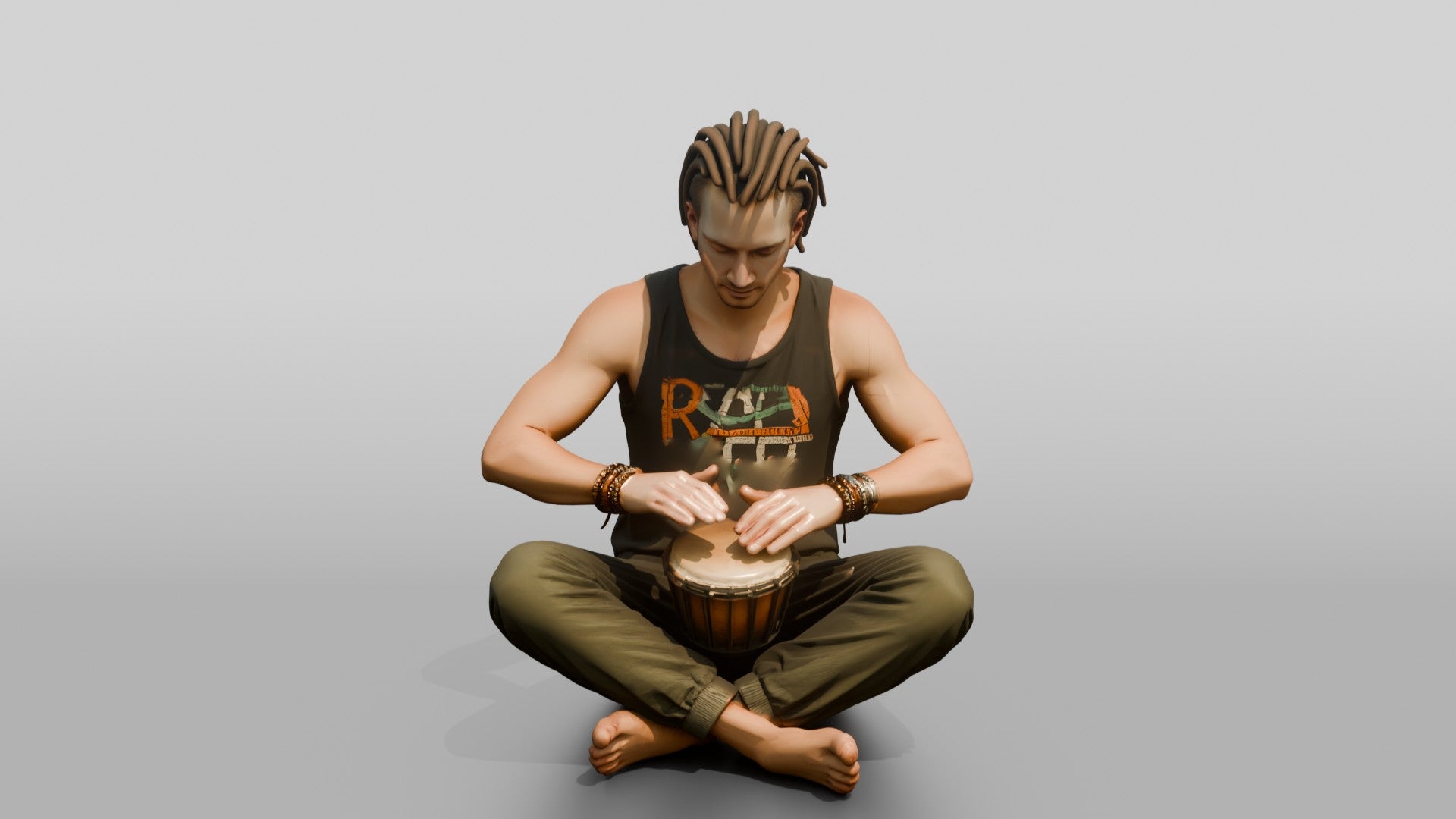Hippie Man Playing a Djembe Drum