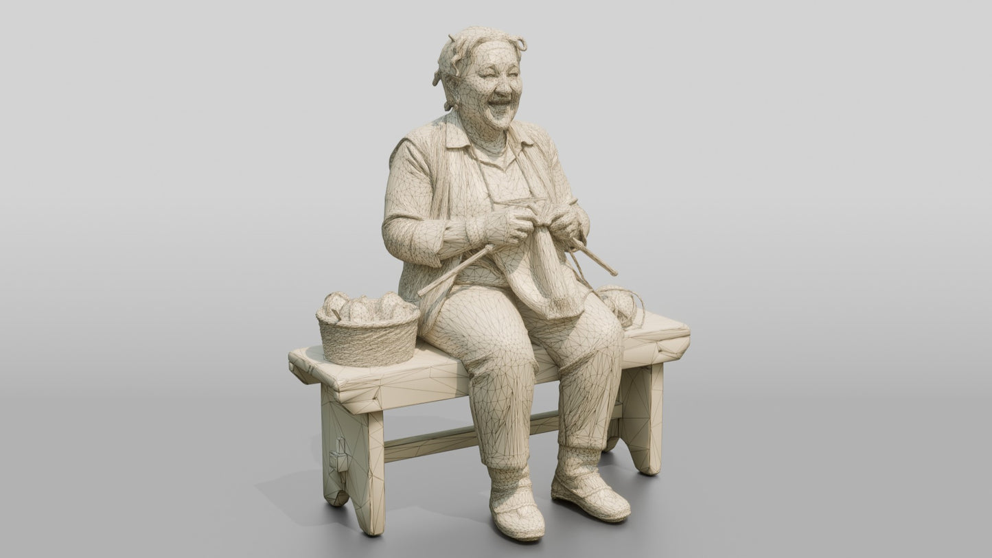 Elderly Woman Knitting on Bench