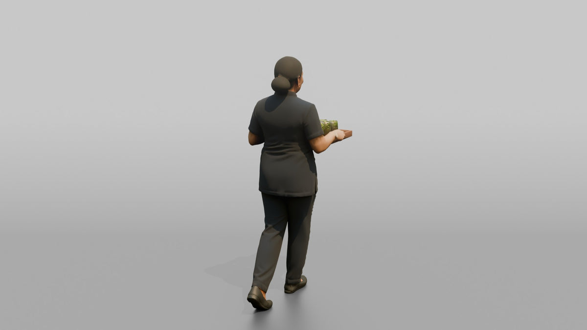 Spa Attendant Man Carrying A Tray With Cucumber Water Glasses - 3D character model, view 3