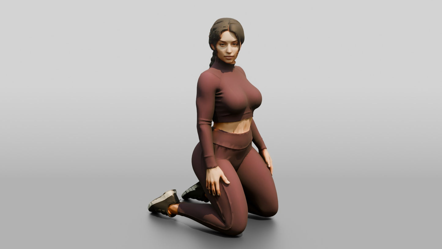 Woman Kneeling in Burgundy Long-Sleeve Activewear