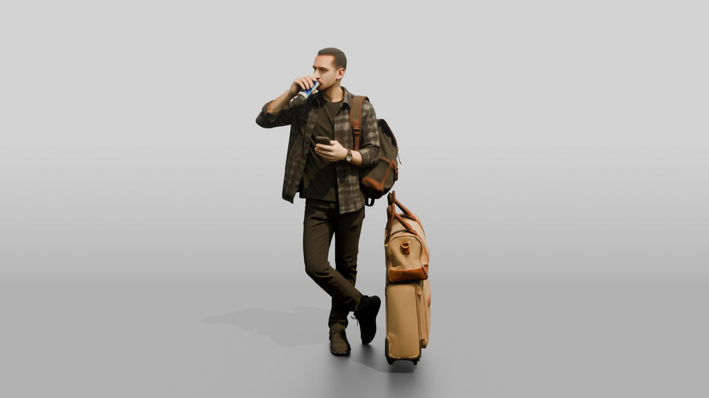 Man in Plaid Shirt Drinking Coffee and Texting with Luggage