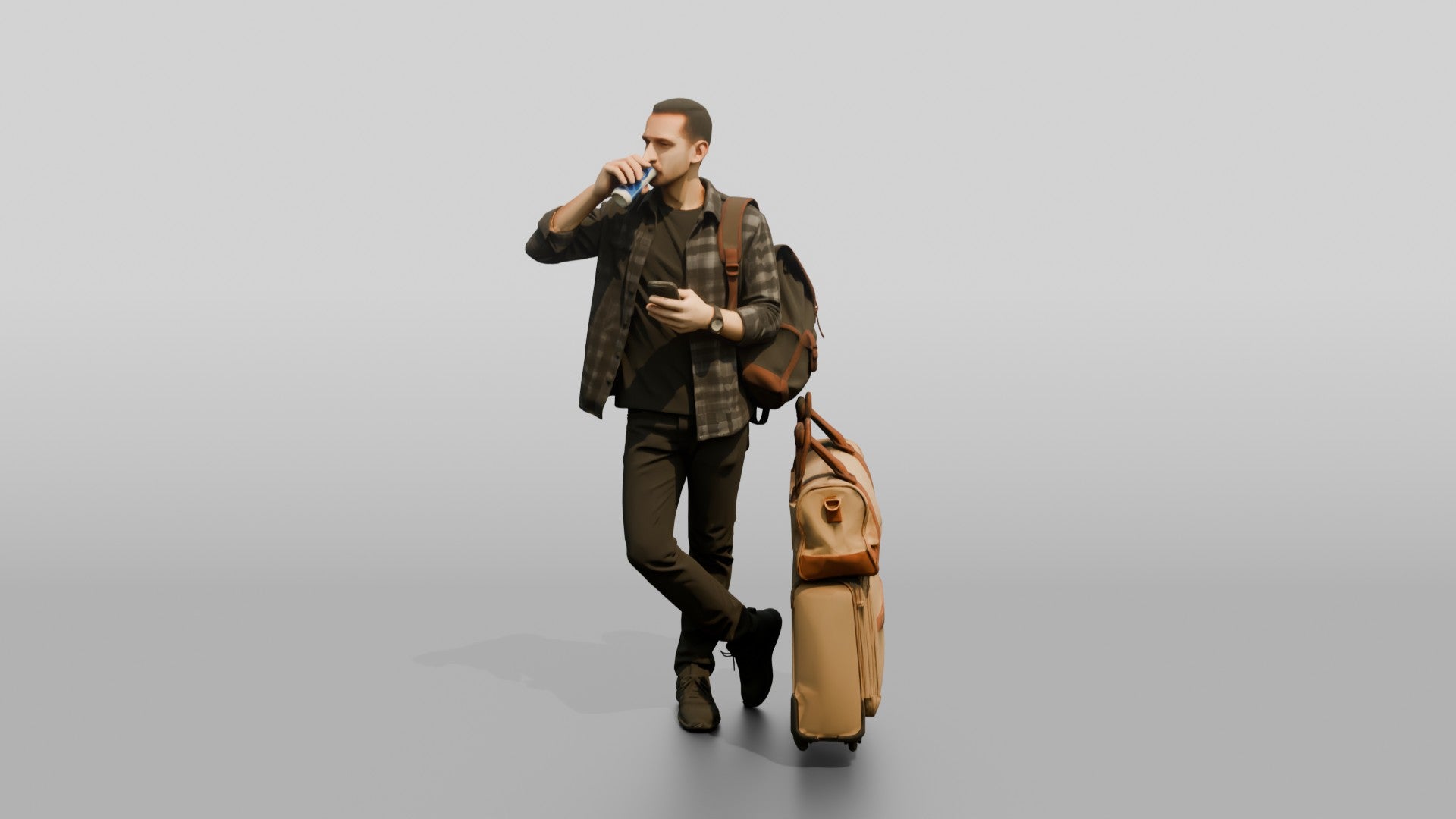 Man in Plaid Shirt Drinking Coffee and Texting with Luggage