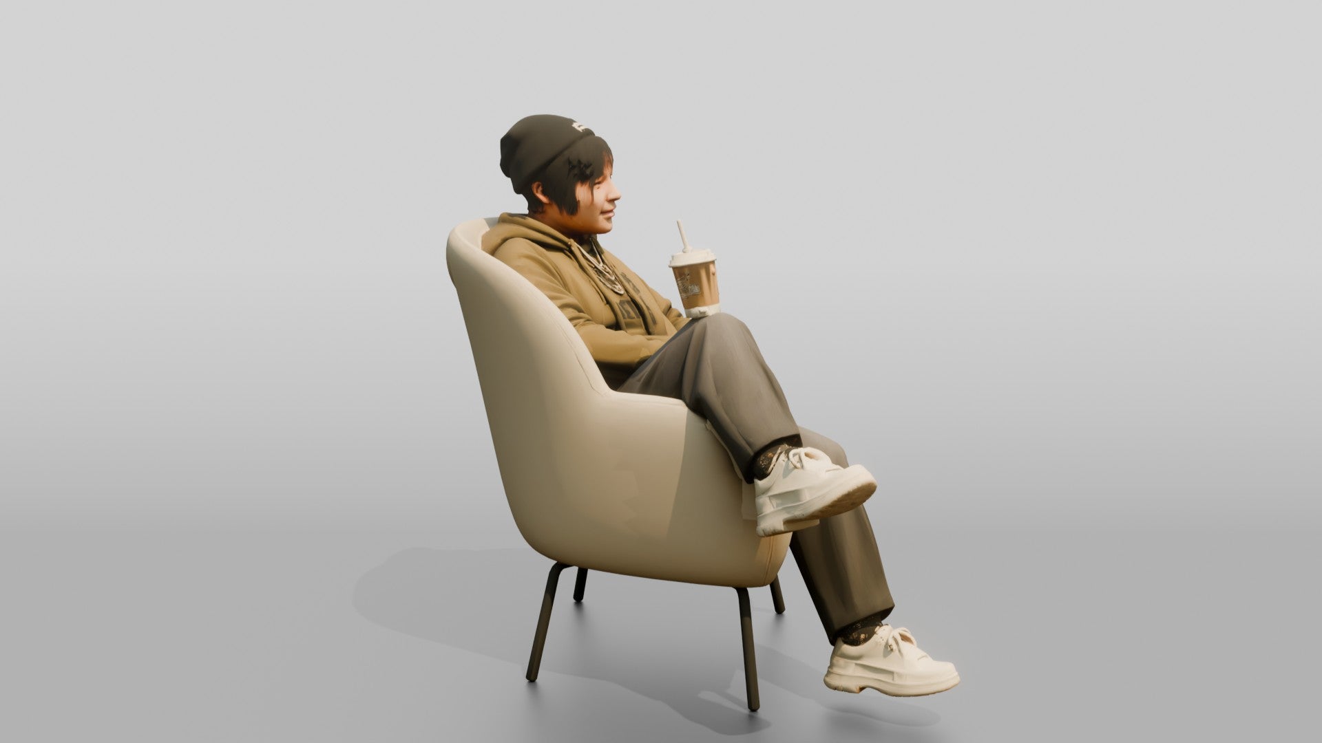 Asian Person Lounging with Coffee Cup