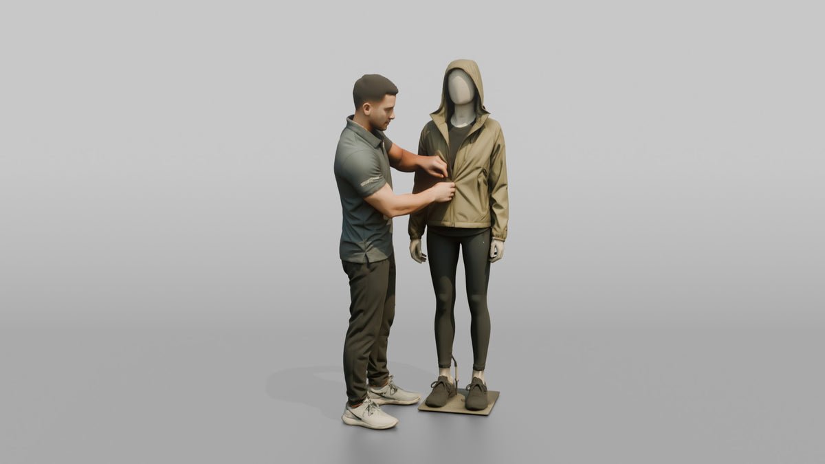 Man Sales Associate Dressing A Mannequin In A New Jacket - 3D character model