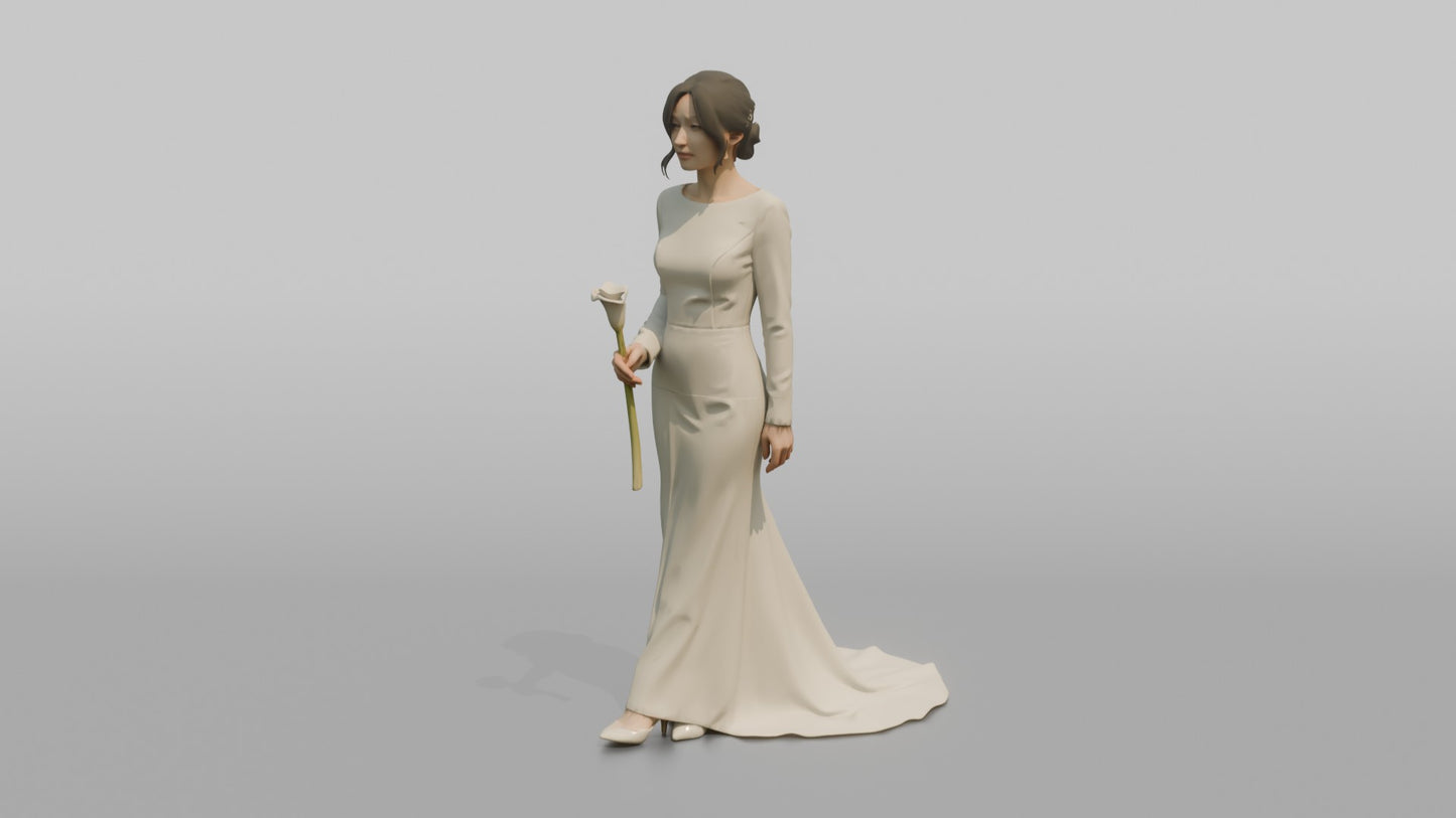 East Asian Bride Holding a Single Calla Lily