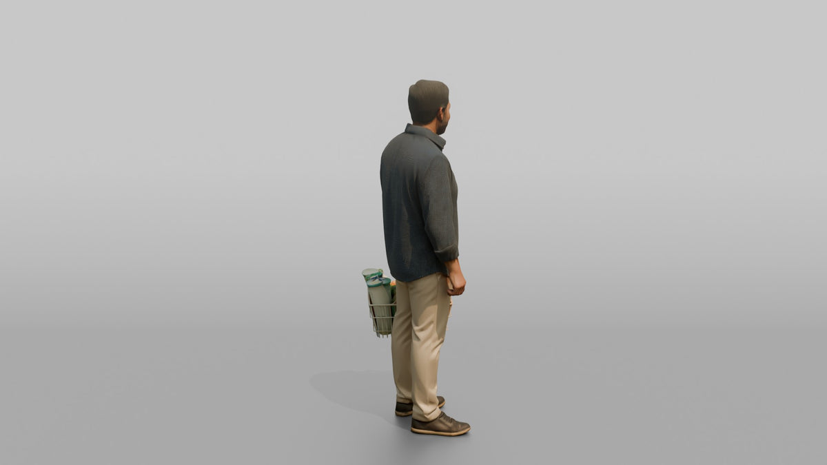Man Customer Standing With A Full Shopping Basket - 3D character model, view 3