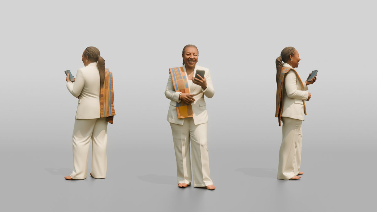 African Woman in a White Pantsuit Laughing at Her Phone - 3D character model