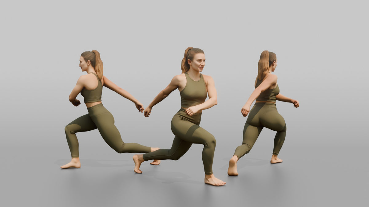 Fitness Influencer Woman Mid Lunge, Twisting Slightly - 3D character model, view 1
