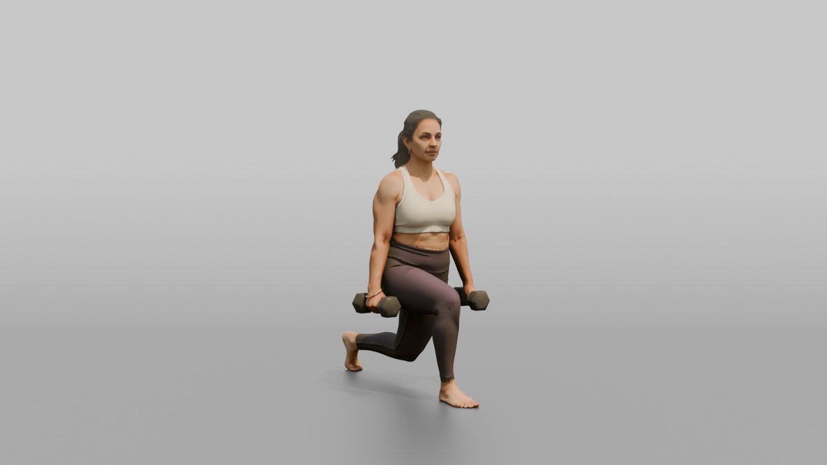 Weightlifter Woman Holding Two Dumbbells At The Sides Mid-lunge - 3D character model