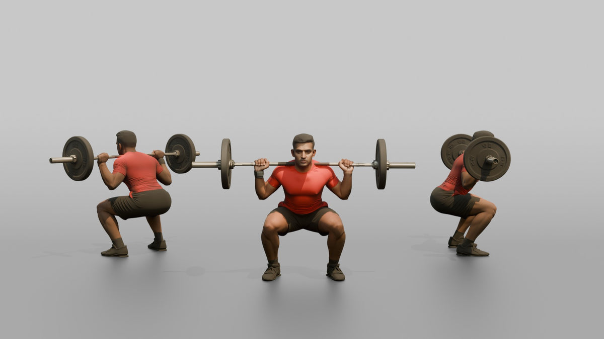 Weightlifter Man Holding A Barbell Across The Shoulders In A Squat Stance - 3D character model, view 1