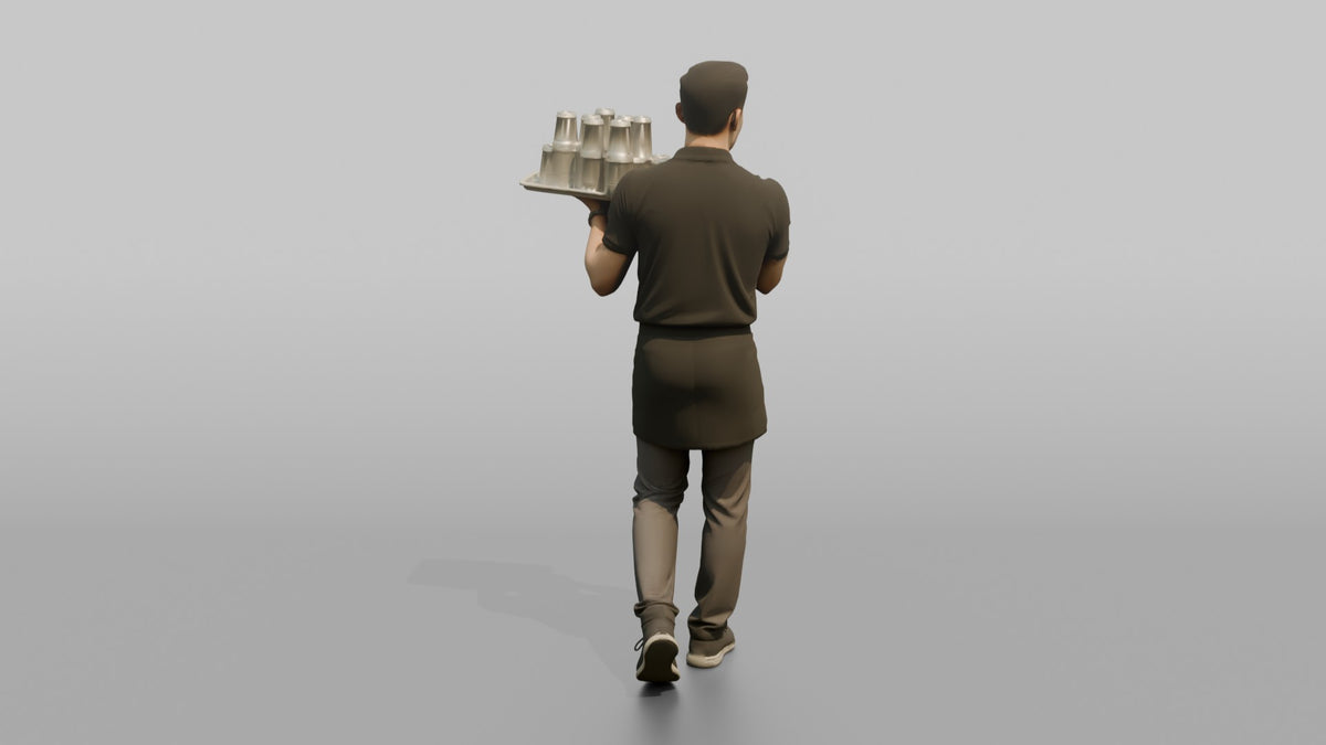 Server Man Balancing A Tray Of Empty Glasses - 3D character model, view 3