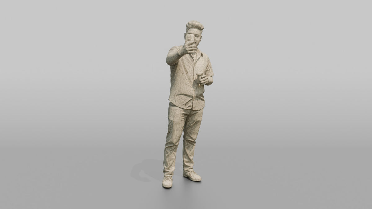 Patron Man Holding A Drink And A Phone, Taking A Photo - wireframe topology preview