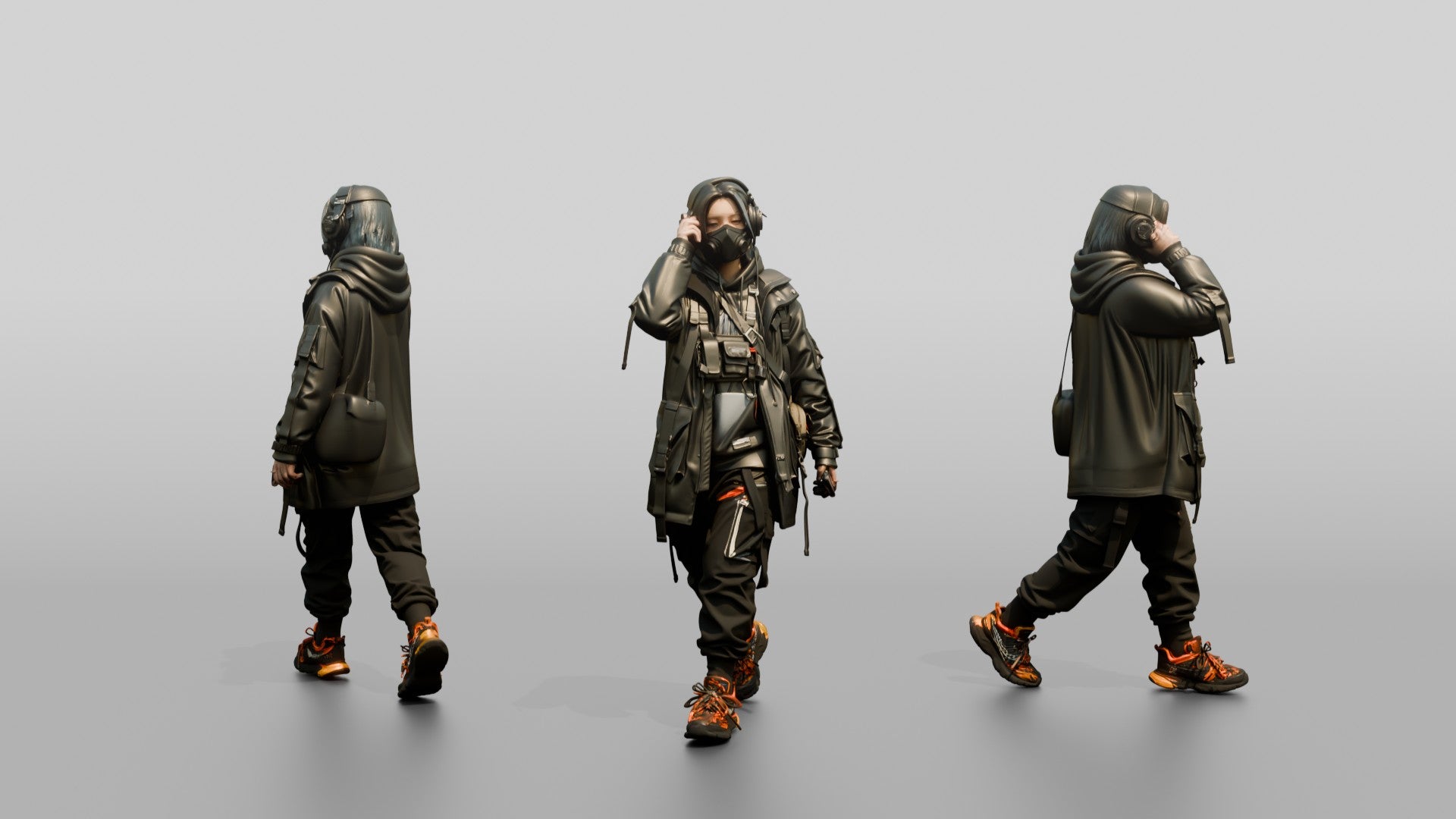 Techwear Woman with Headphones and Tech Vest