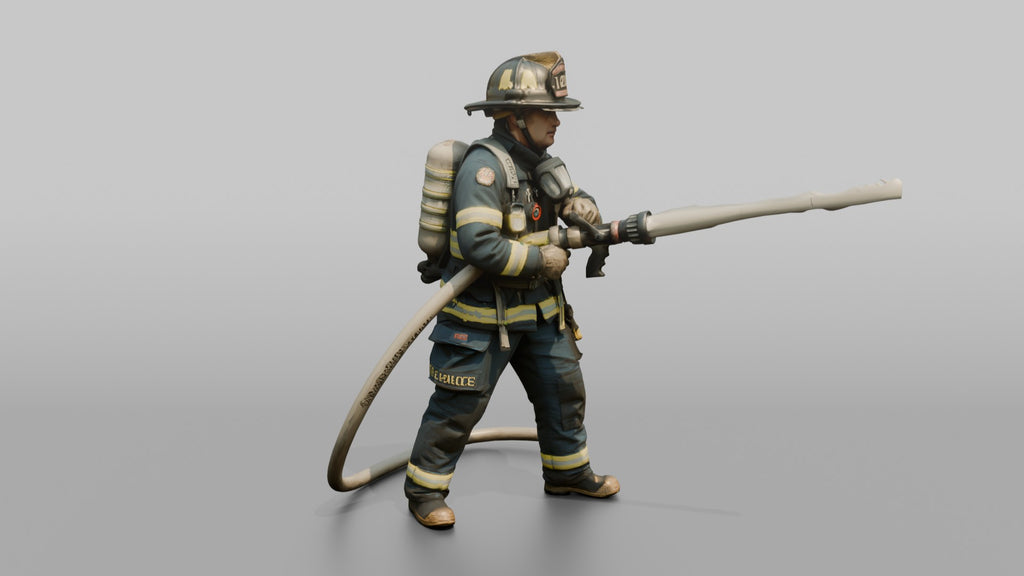Firefighter Man Directing High-pressure Stream with Hose Nozzle