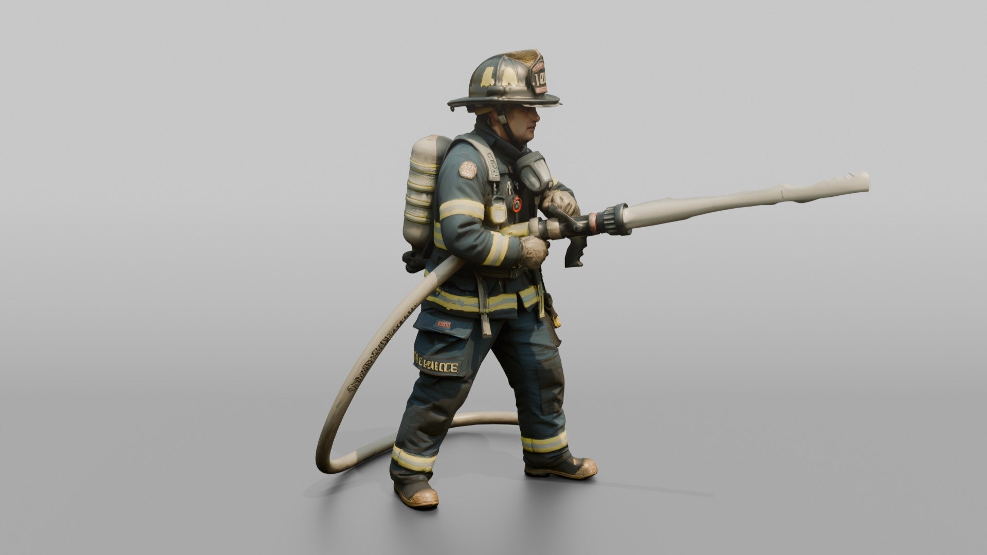 Firefighter Man Directing High-pressure Stream with Hose Nozzle