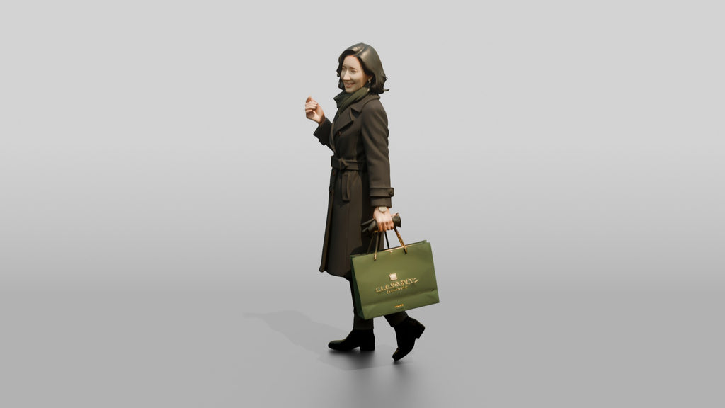 Woman in Double-Breasted Coat with Shopping Bag