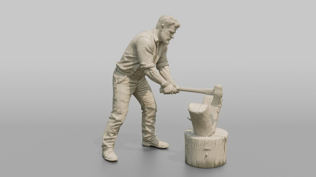 Farmer Swinging Heavy Splitting Maul Into Firewood