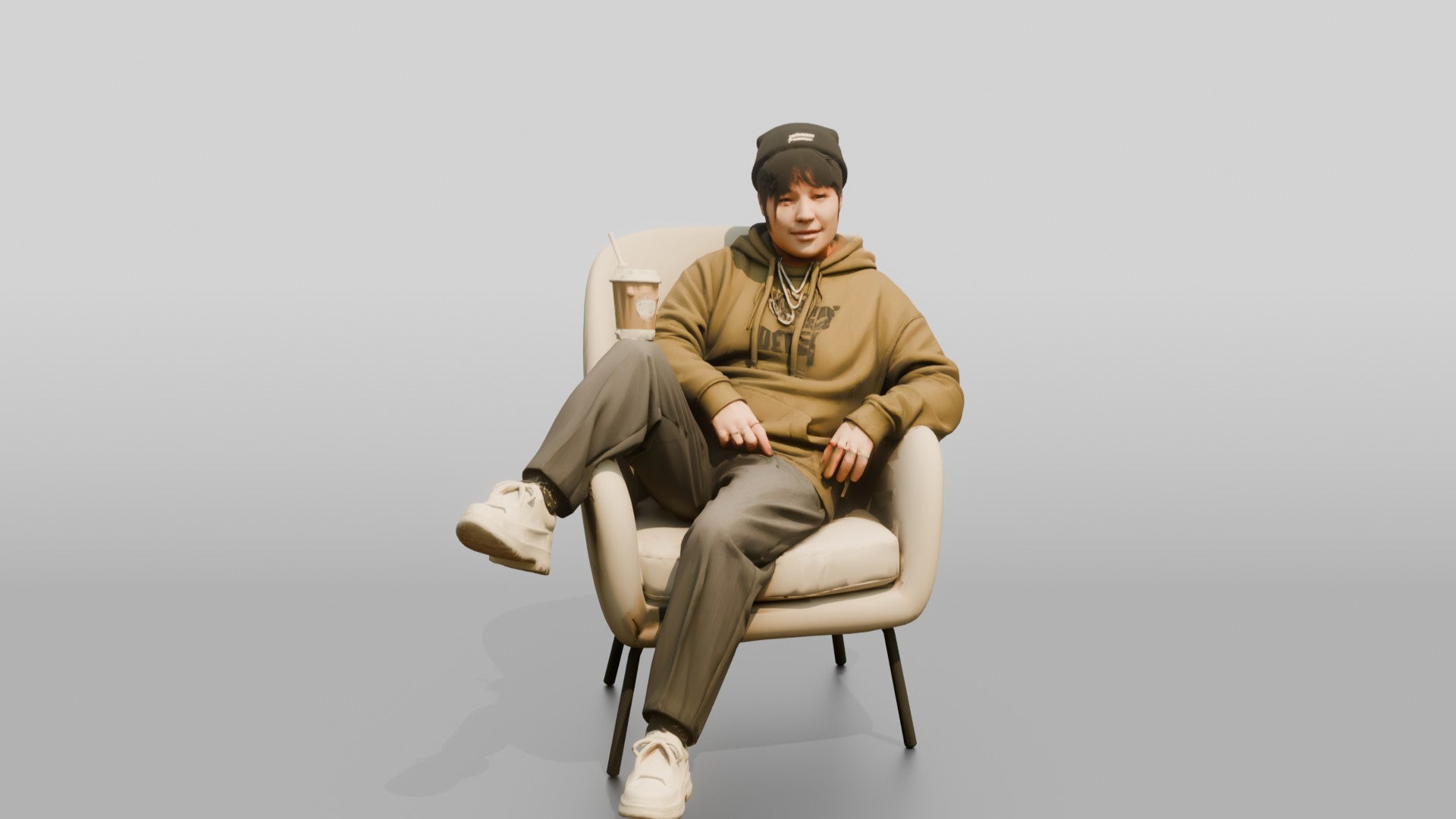 Asian Person Lounging with Coffee Cup