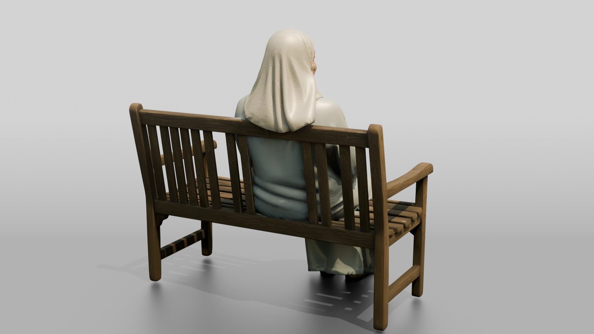 Elderly Iraqi Woman in Hijab Smiling on a Bench