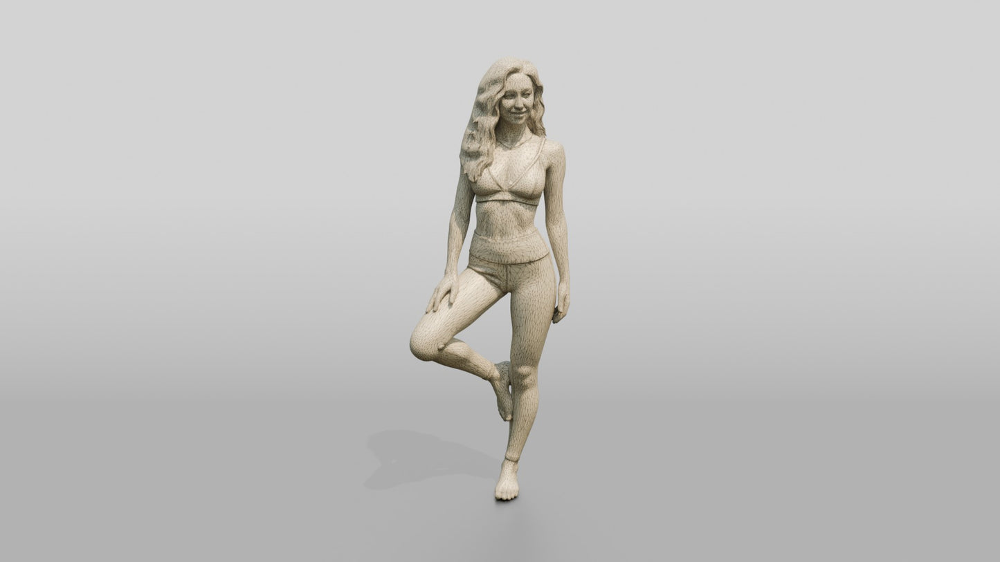 Blonde Woman in Beige Activewear in Tree Pose