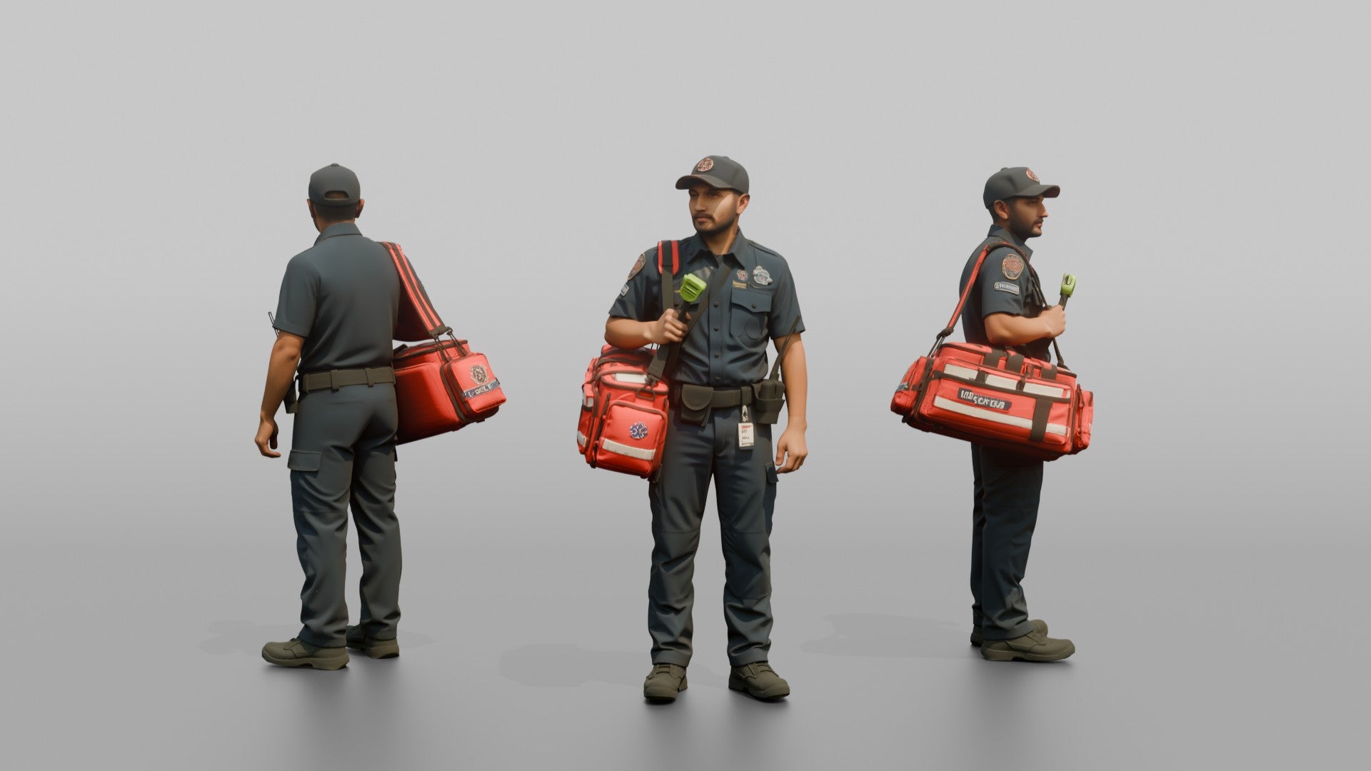 Firefighter Man Carrying a Bright Red Medical Emergency Trauma Bag